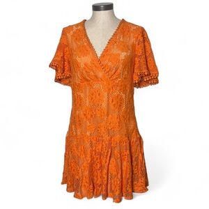Bebe Orange Lace Mini Dress Large Floral V Neck Spring Party Dress